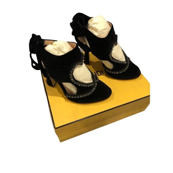 Fendi Heart Cut Out Peep Toe Velvet Heel Sandals Rhinestones Black Size 38 - Picture 1 of 13